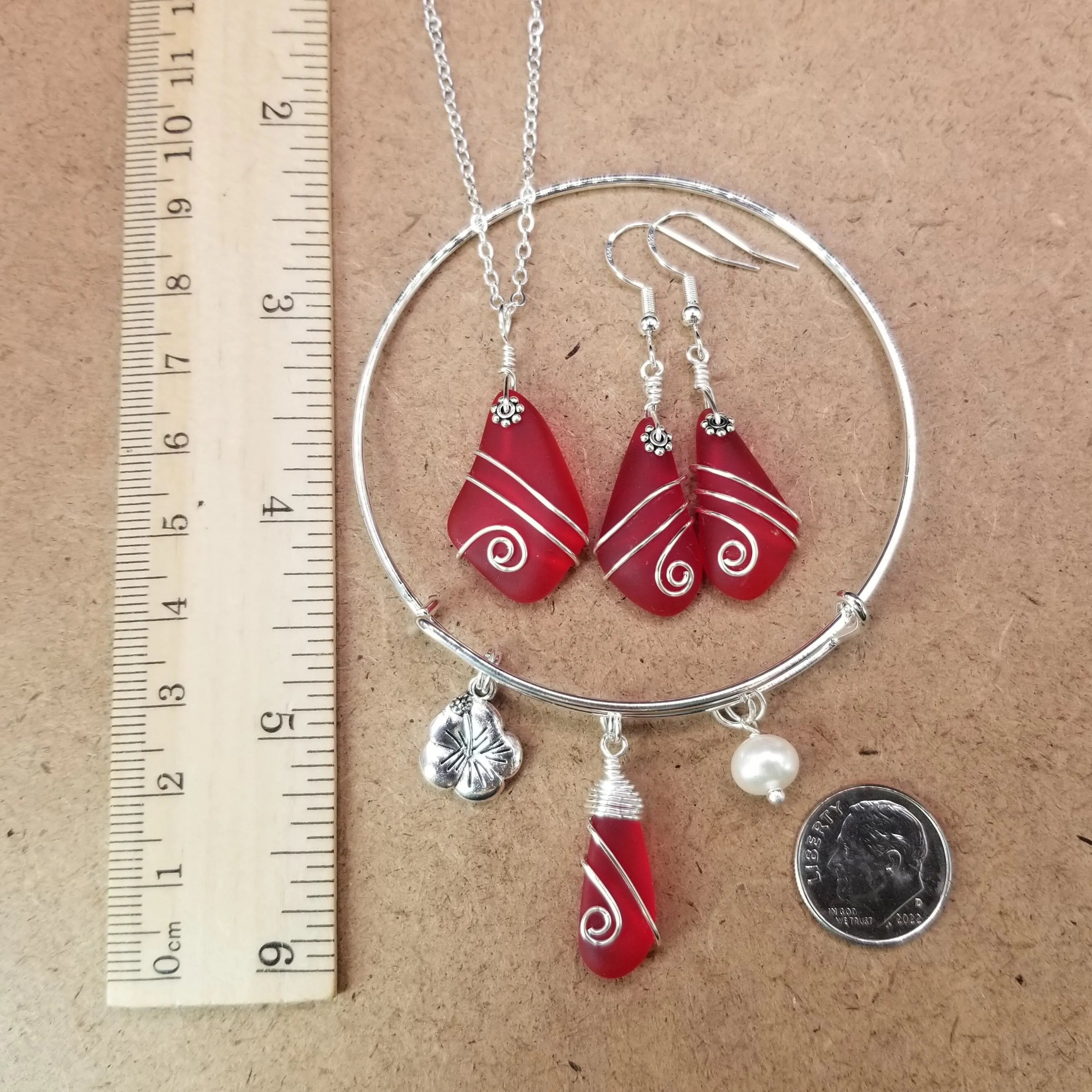 Hawaiian Jewelry Sea Glass Set, Wire Wrapped Red Necklace Earrings Bracelet Jewelry Set, Beach Jewelry Birthday Gift (January Birthstone)