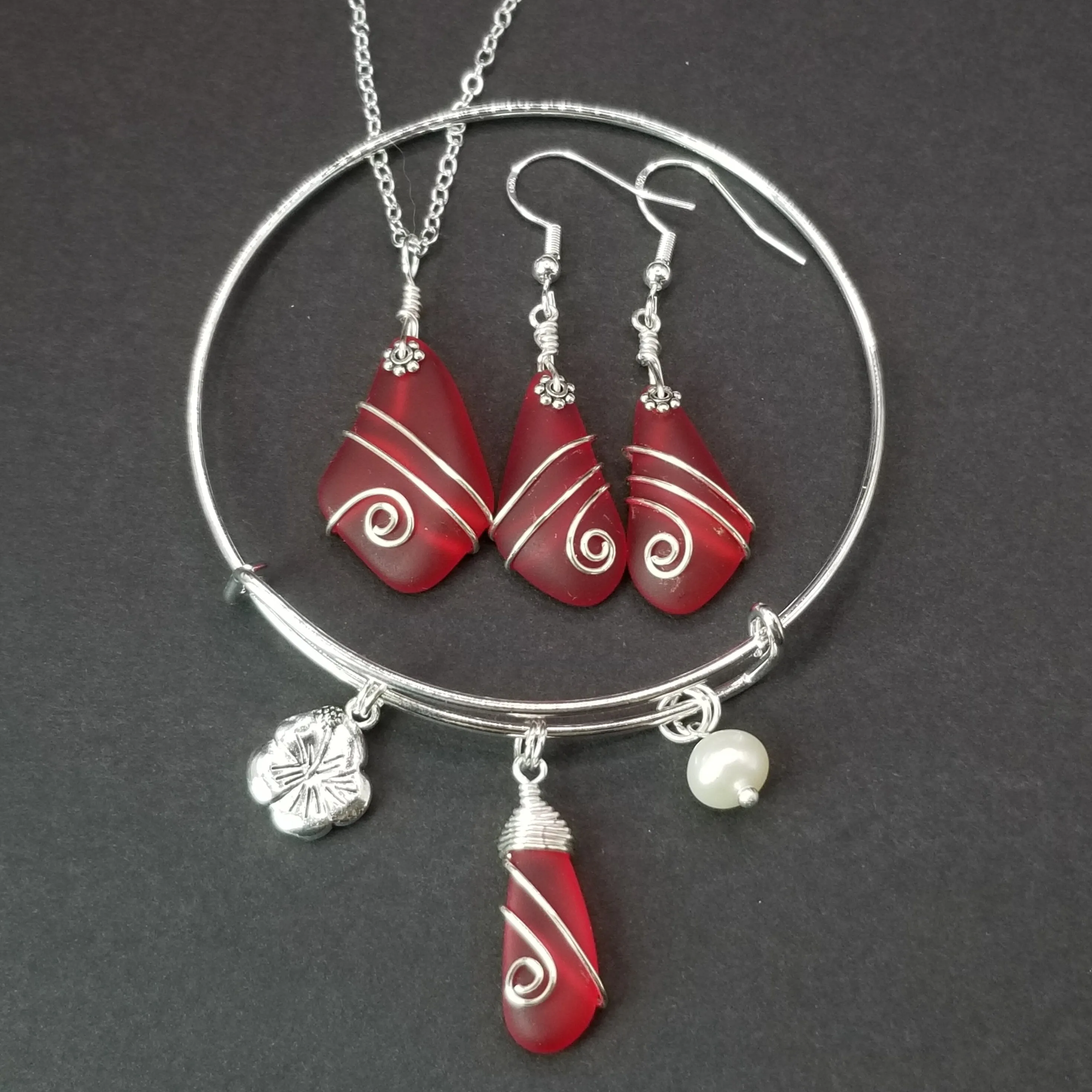 Hawaiian Jewelry Sea Glass Set, Wire Wrapped Red Necklace Earrings Bracelet Jewelry Set, Beach Jewelry Birthday Gift (January Birthstone)
