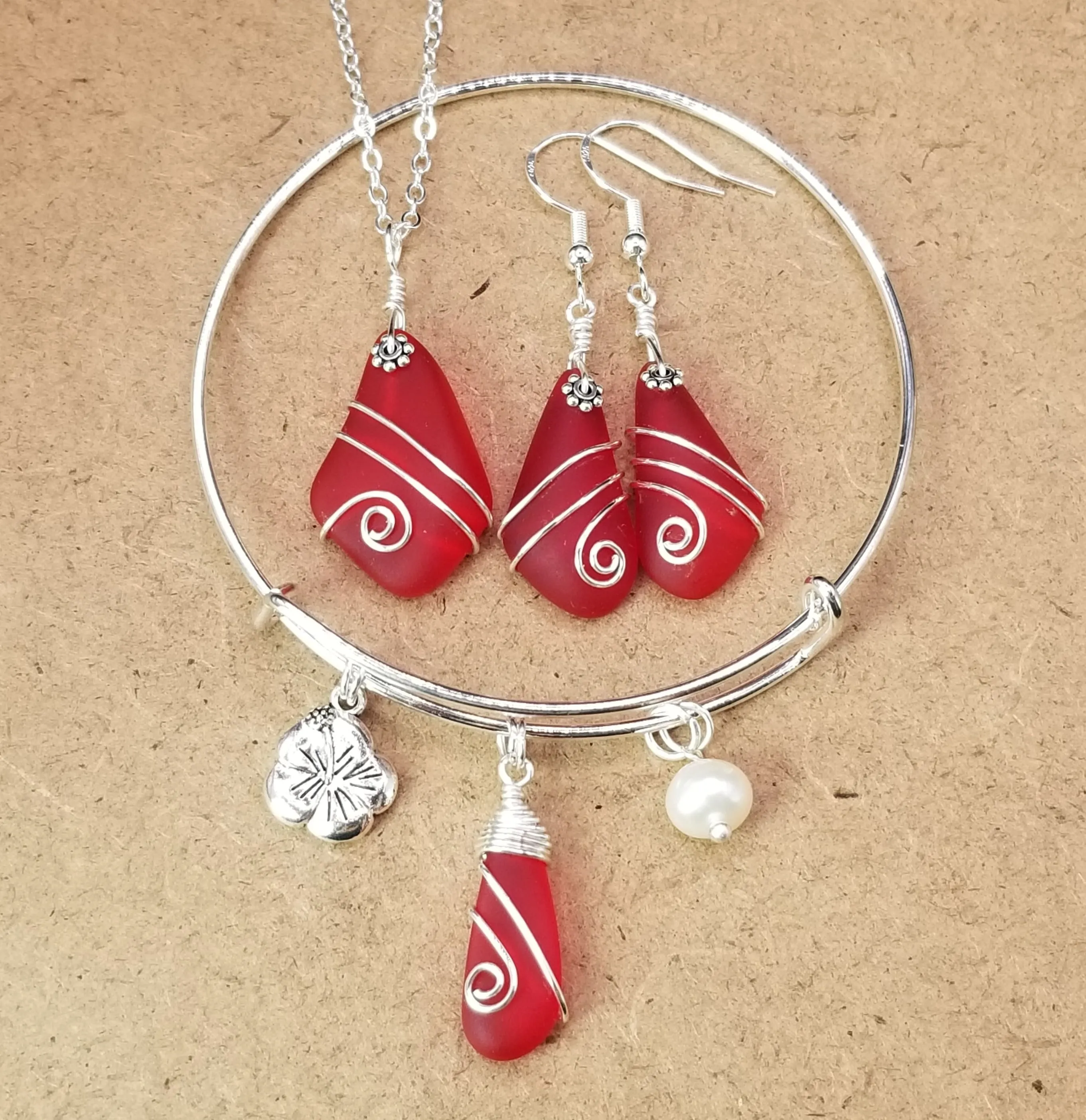 Hawaiian Jewelry Sea Glass Set, Wire Wrapped Red Necklace Earrings Bracelet Jewelry Set, Beach Jewelry Birthday Gift (January Birthstone)