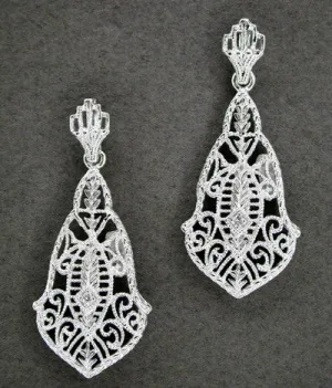 Heirloom Art Deco Filigree Dangling Diamond Earrings in 14 Karat White Gold