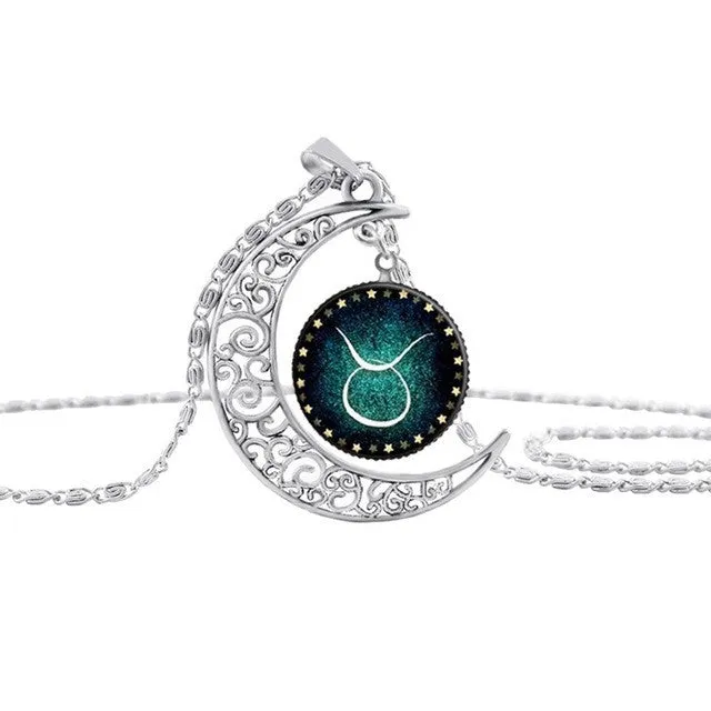 Hot 12 Constellation glass cabochon pendant necklace crescent moon silver necklace accessories jewelry chain necklace women S7