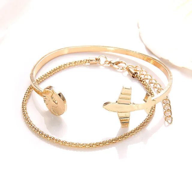Hot Sale 2PCS/Set Exquesite Fashion Temperament Airplane Open World Map Girls Women's Gold Wedding Women Bracelet Set
