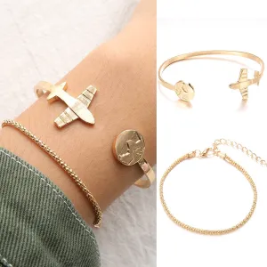 Hot Sale 2PCS/Set Exquesite Fashion Temperament Airplane Open World Map Girls Women's Gold Wedding Women Bracelet Set