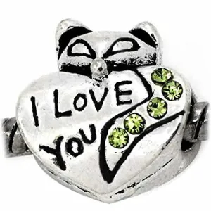 I Love You W/peridot Birthstone  Light Green Crystals Charm European Bead Compatible for Most European Snake Chain Bracelet