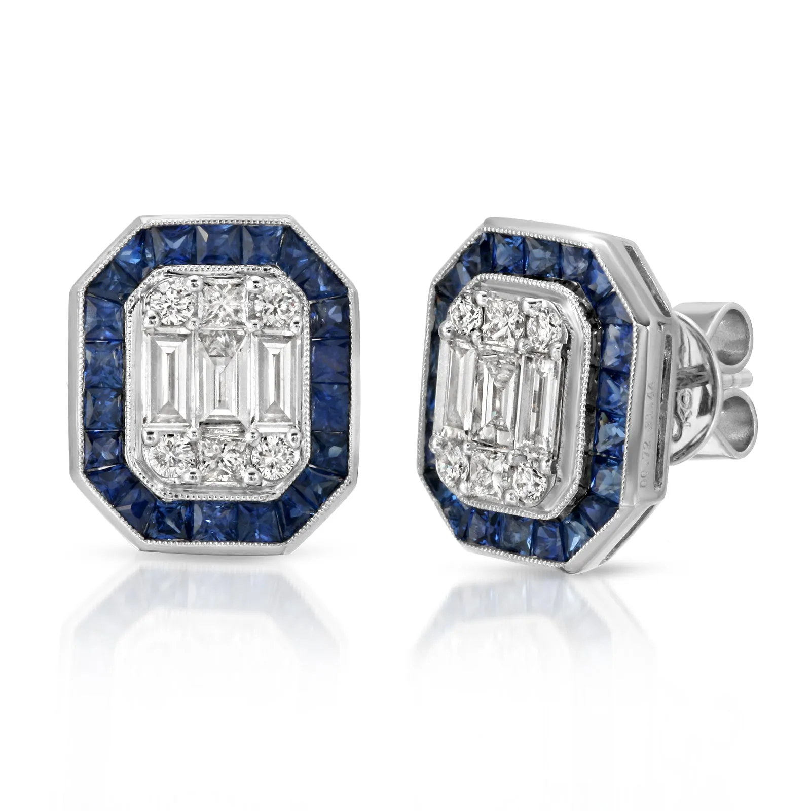 Illusion Emerald Cut Diamond and Sapphire 18k White Gold Stud Earrings