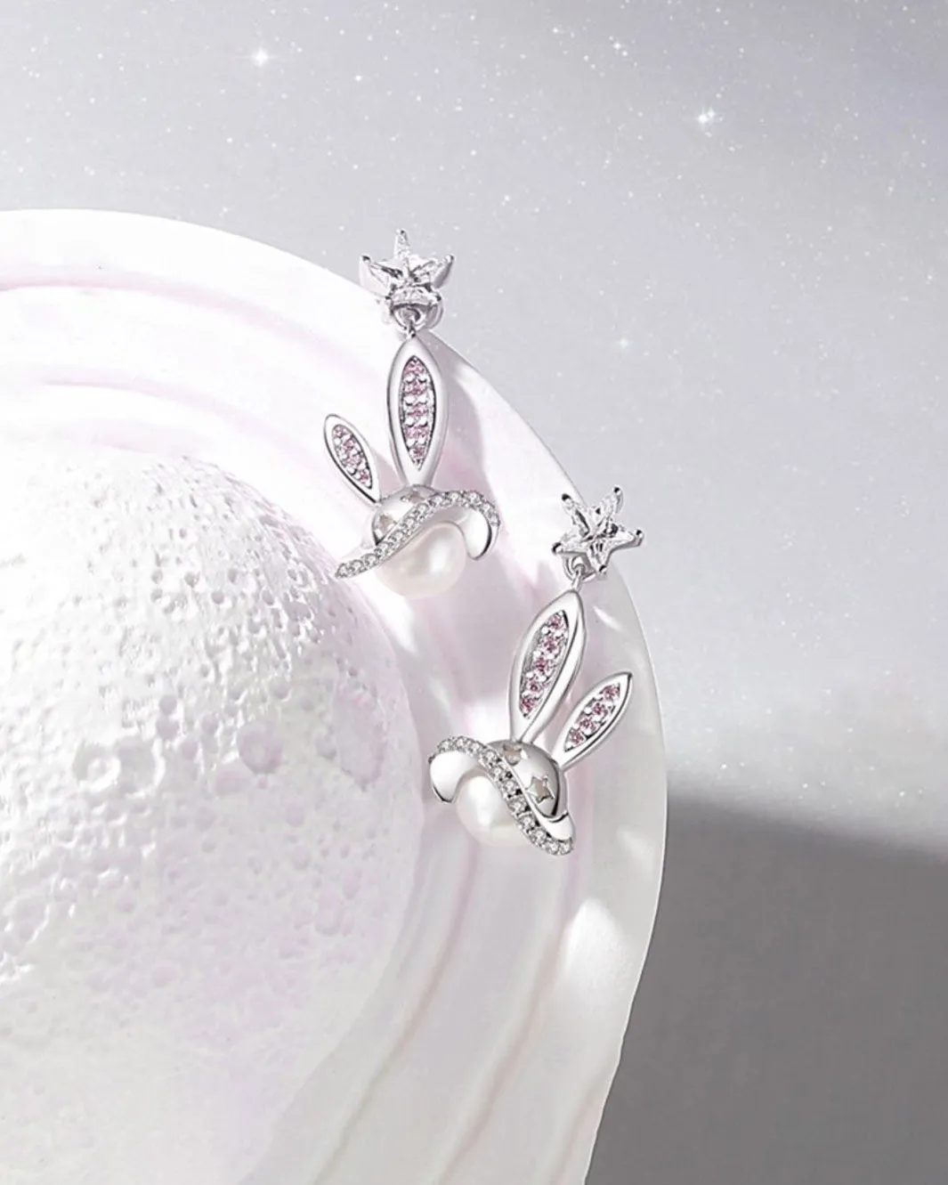 Interstellar Pearl Bunny Drop Earrings