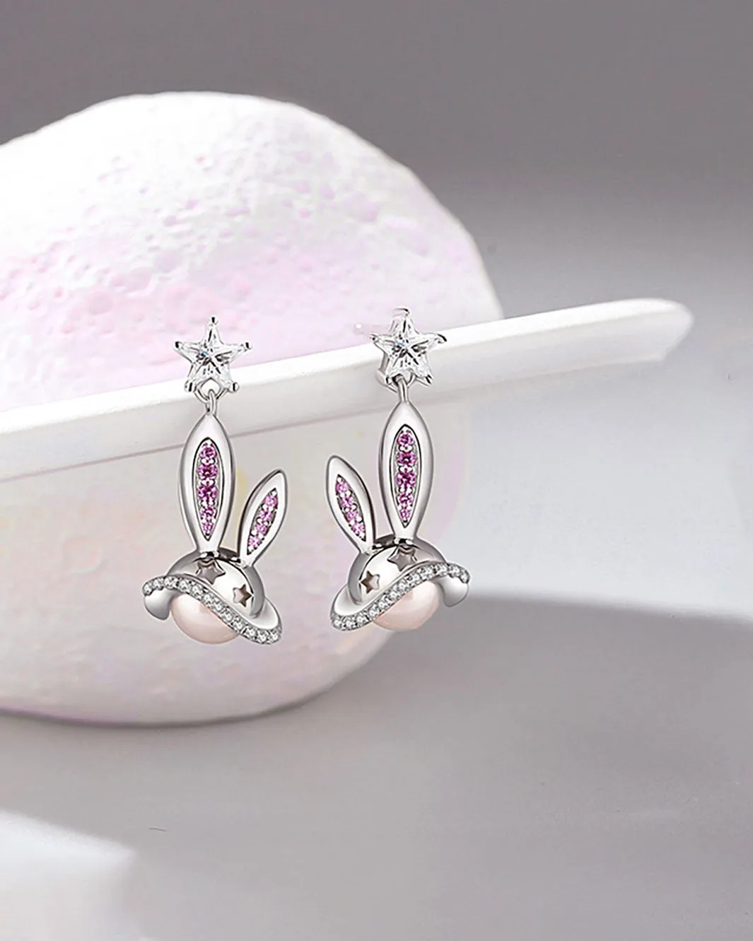 Interstellar Pearl Bunny Drop Earrings