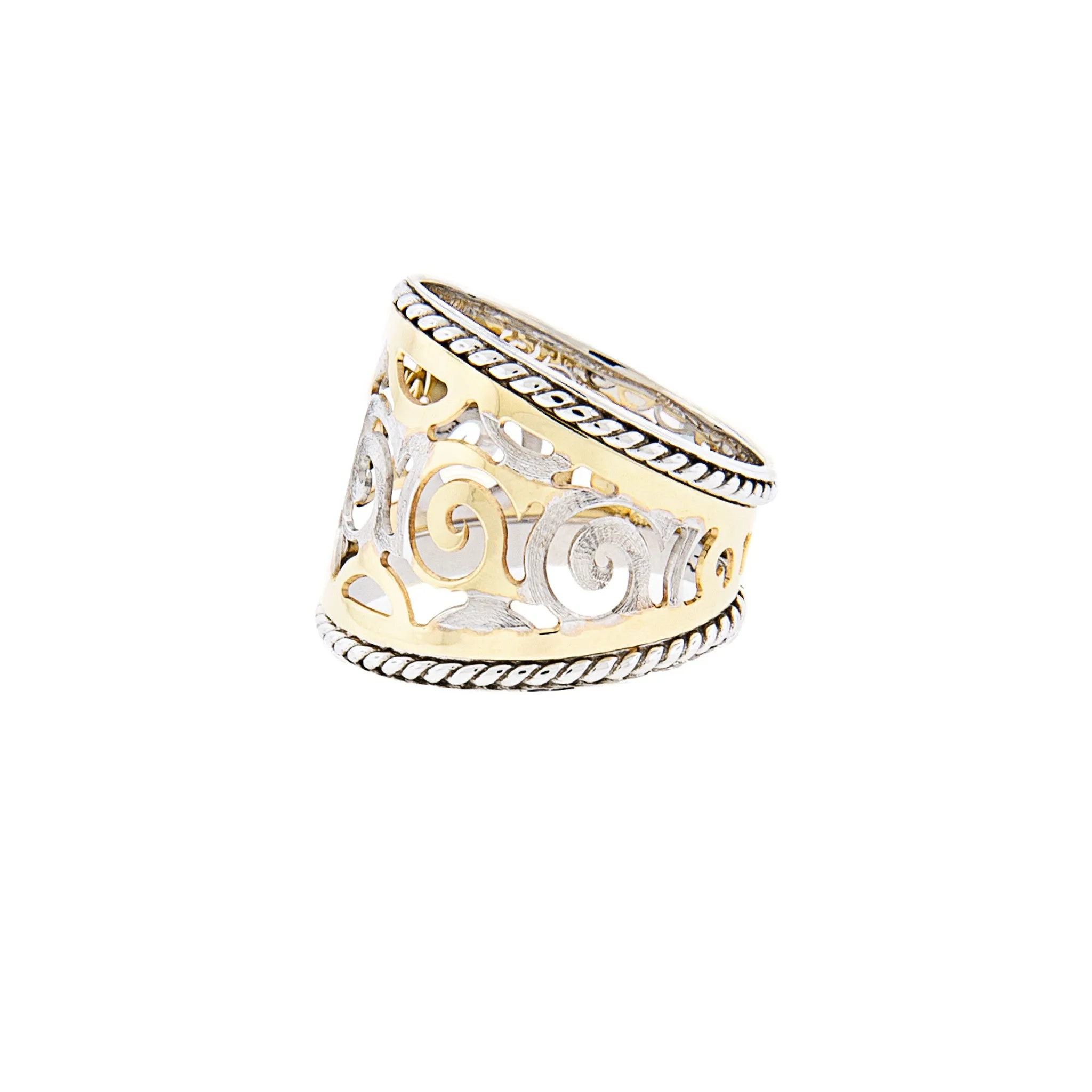 Intricate Two -Tone Scroll Detail - 14K White & Yellow Gold Cigar Ring