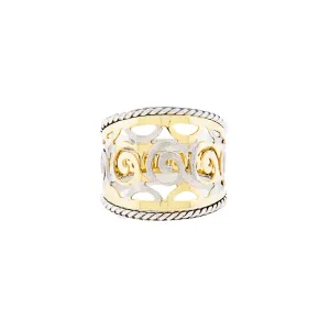 Intricate Two -Tone Scroll Detail - 14K White & Yellow Gold Cigar Ring