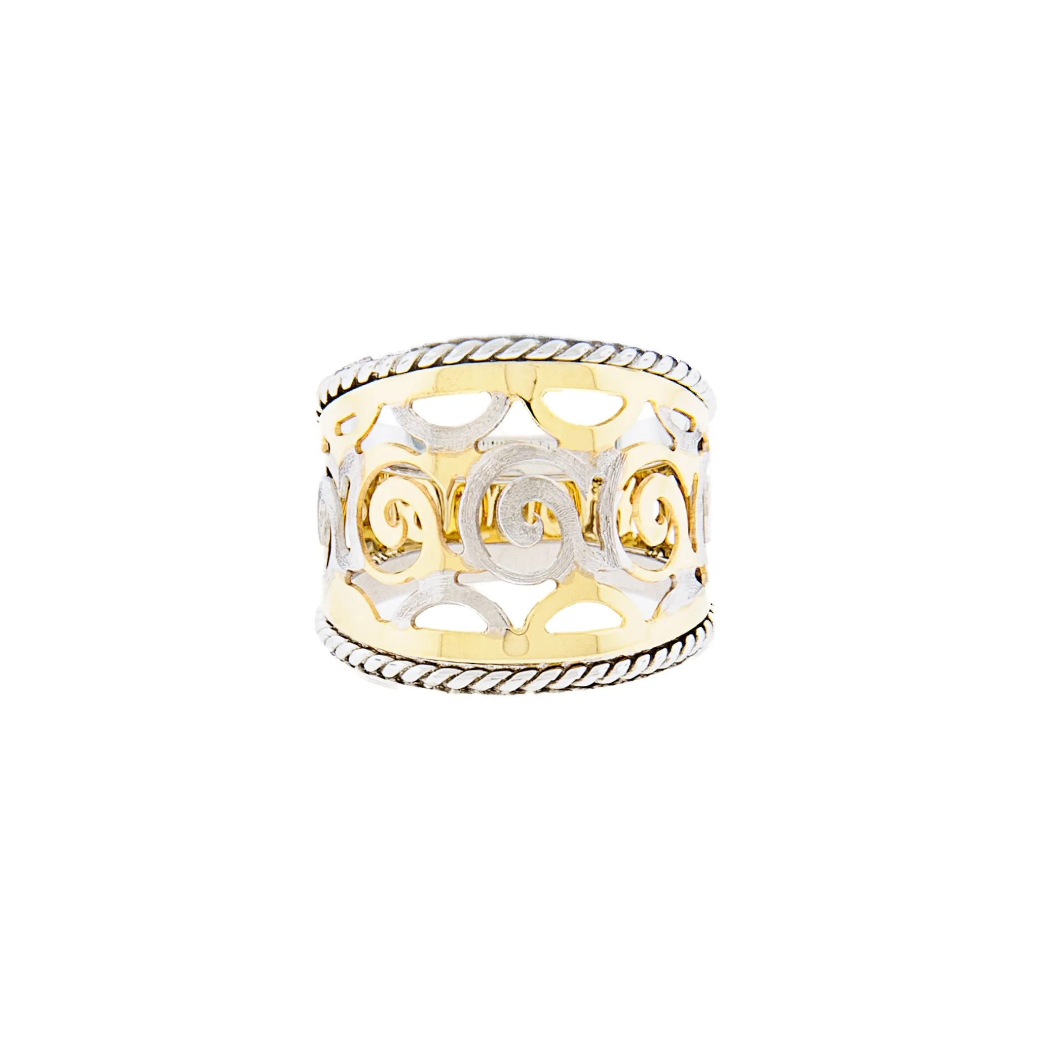 Intricate Two -Tone Scroll Detail - 14K White & Yellow Gold Cigar Ring