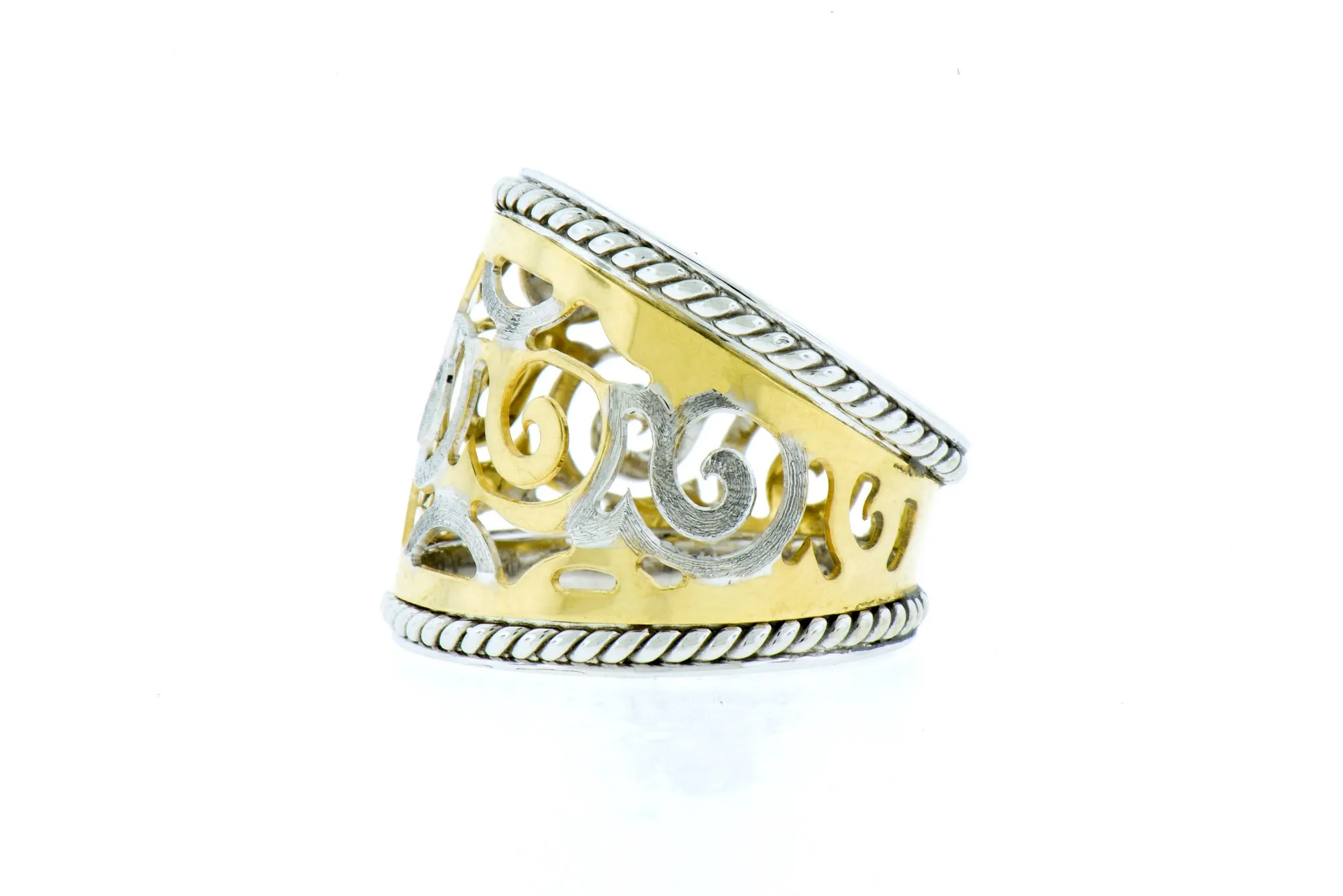 Intricate Two -Tone Scroll Detail - 14K White & Yellow Gold Cigar Ring
