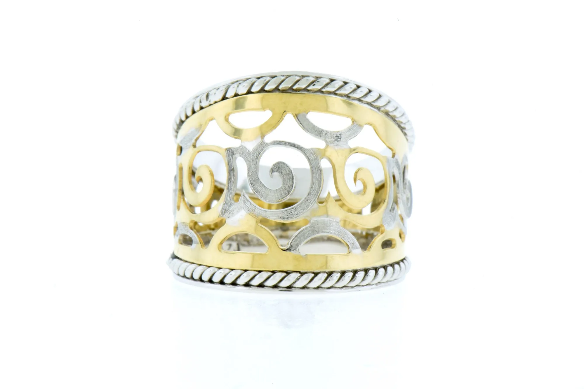 Intricate Two -Tone Scroll Detail - 14K White & Yellow Gold Cigar Ring