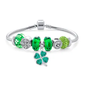 Irish Celtic Knot Charm Bracelet with Green Shamrock and Claddagh Beads Sterling Silver