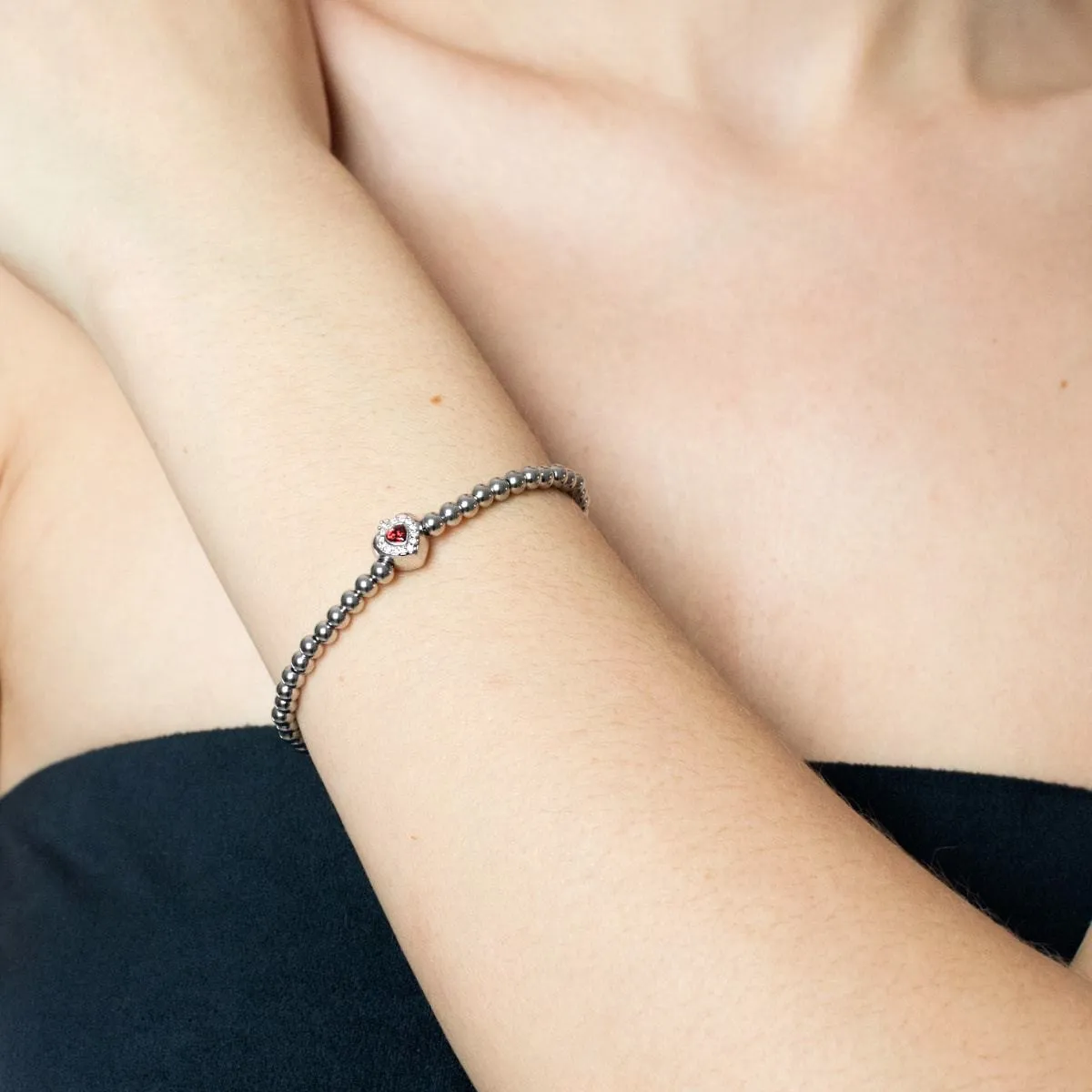 July | Ruby Crystal Birthstone | Silver | Crystal Heart Bracelet