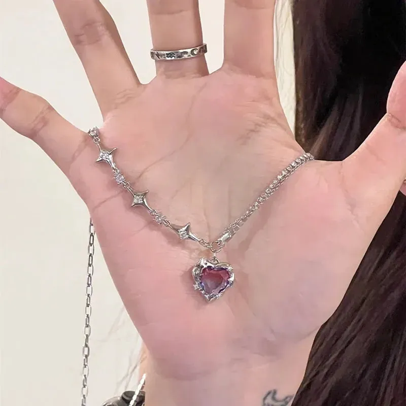Kpop Y2K Aesthetic Butterfly Pendant Necklace for Women Hip Hop Vintage Double Chain Heart Necklaces Girls Gifts Jewelry