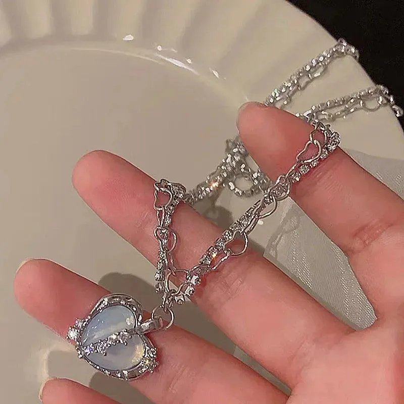 Kpop Y2K Aesthetic Butterfly Pendant Necklace for Women Hip Hop Vintage Double Chain Heart Necklaces Girls Gifts Jewelry
