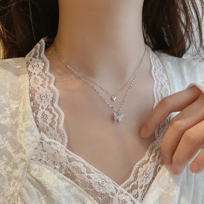 Kpop Y2K Aesthetic Butterfly Pendant Necklace for Women Hip Hop Vintage Double Chain Heart Necklaces Girls Gifts Jewelry