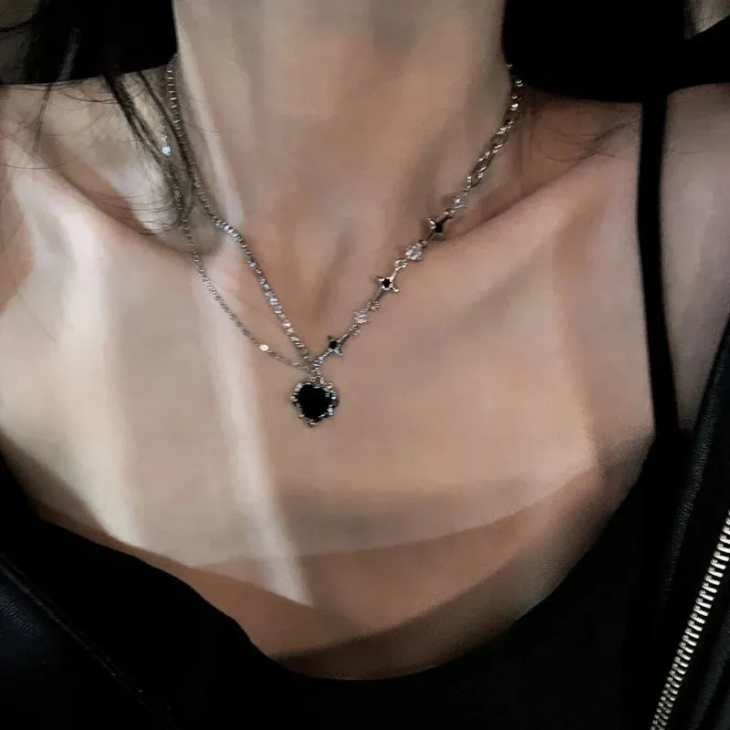 Kpop Y2K Aesthetic Butterfly Pendant Necklace for Women Hip Hop Vintage Double Chain Heart Necklaces Girls Gifts Jewelry