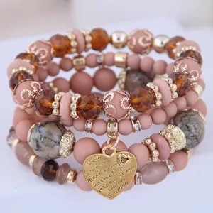 Kymyad (4pcs/set ) Multilayer Bohemia Bracelet Resin Beads Bracelets For Women Bijoux Vintage Heart Charm Bracelet Femme Jewelry