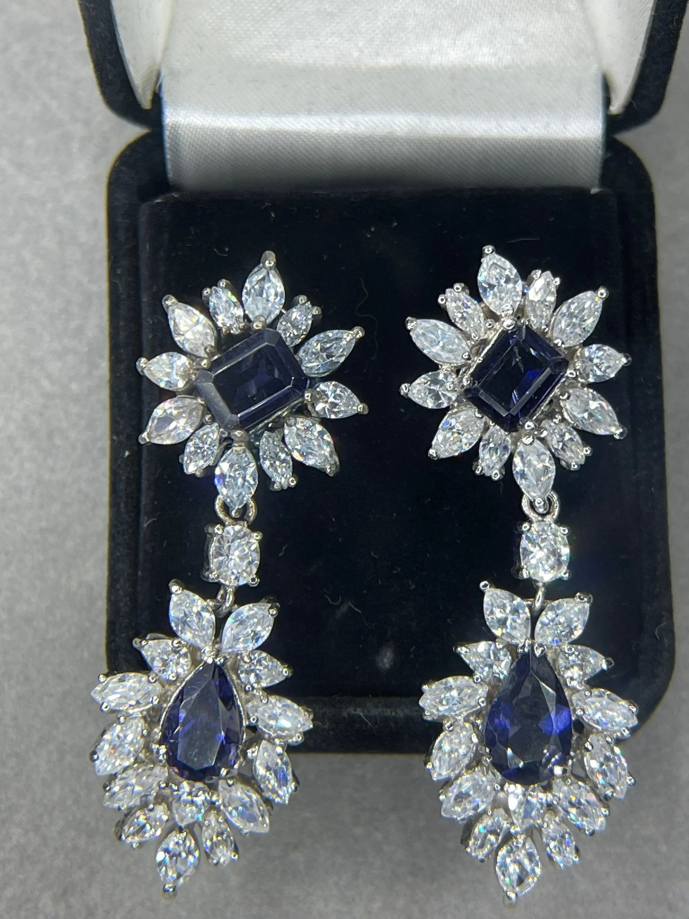 Lab Grown Sapphire & CZ Sterling Silver Dangle Earrings