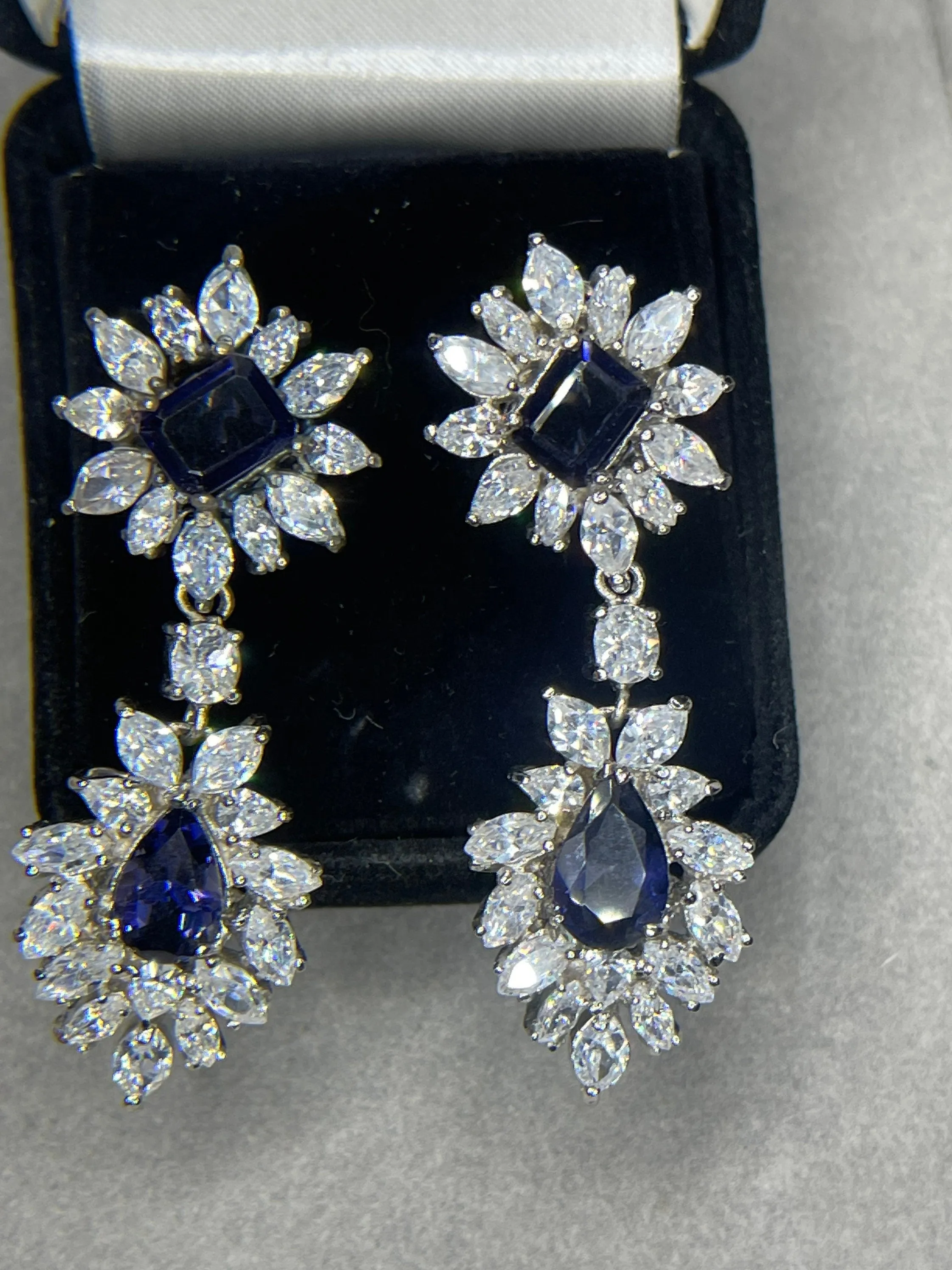 Lab Grown Sapphire & CZ Sterling Silver Dangle Earrings