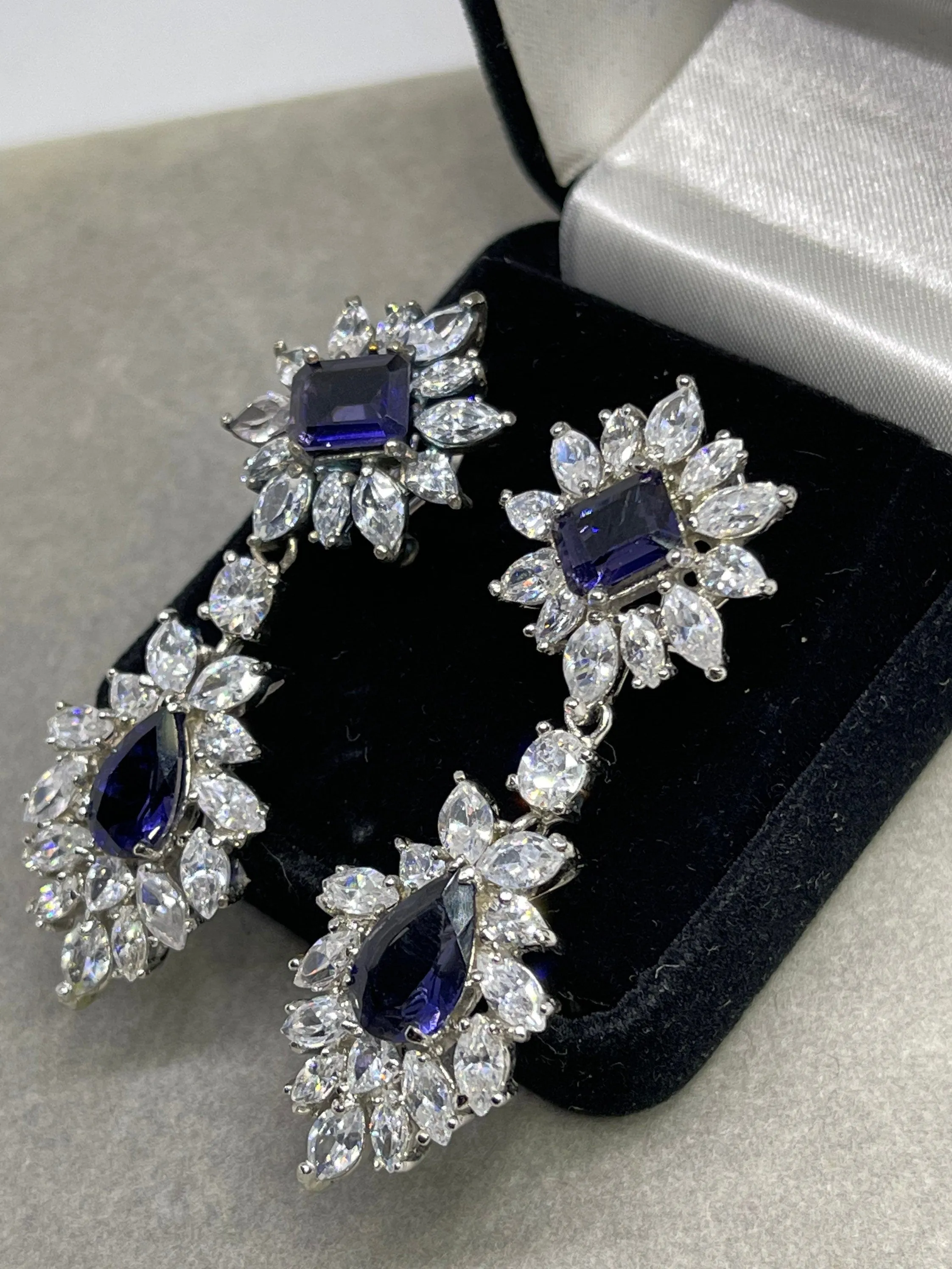 Lab Grown Sapphire & CZ Sterling Silver Dangle Earrings