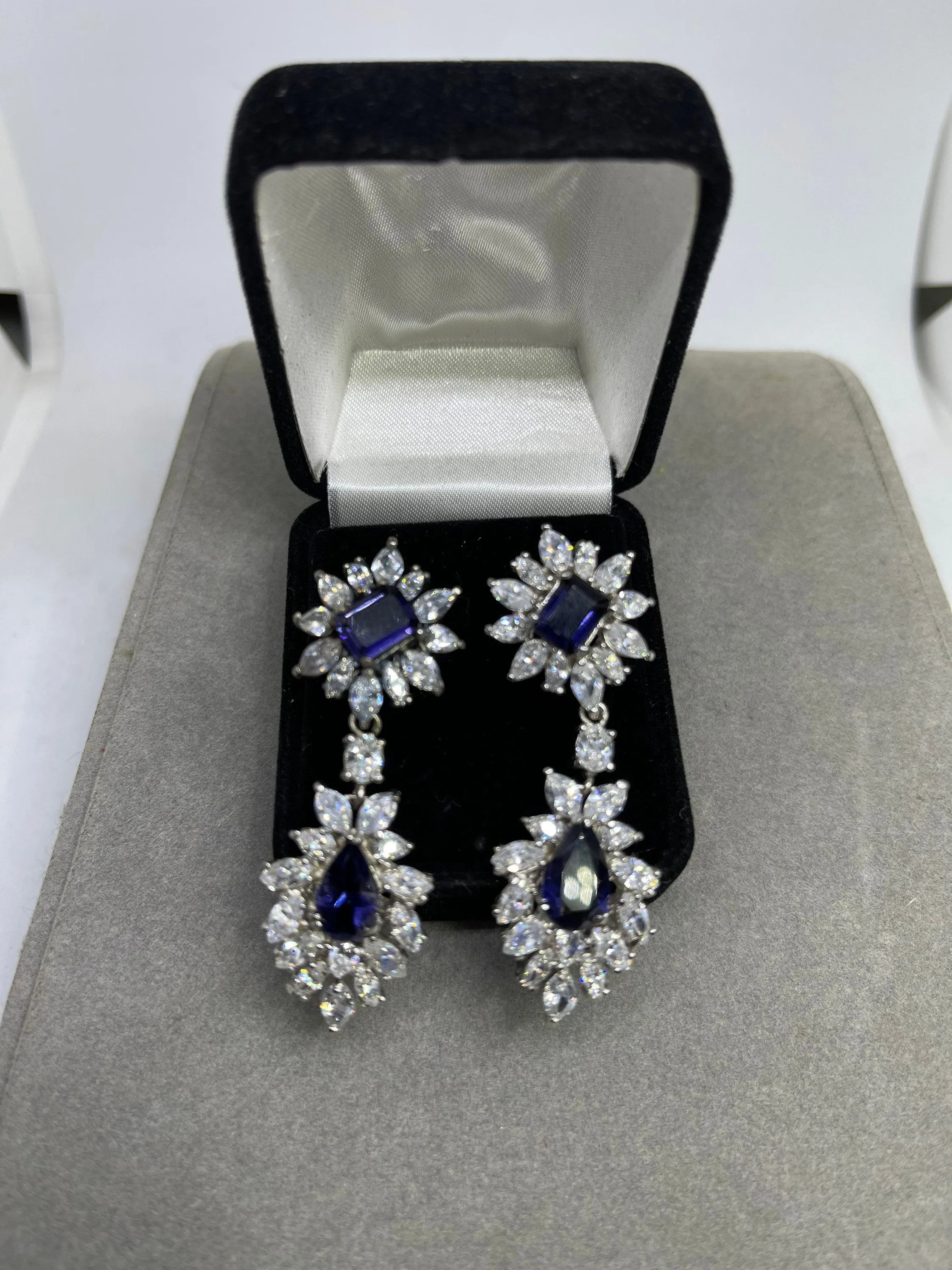 Lab Grown Sapphire & CZ Sterling Silver Dangle Earrings