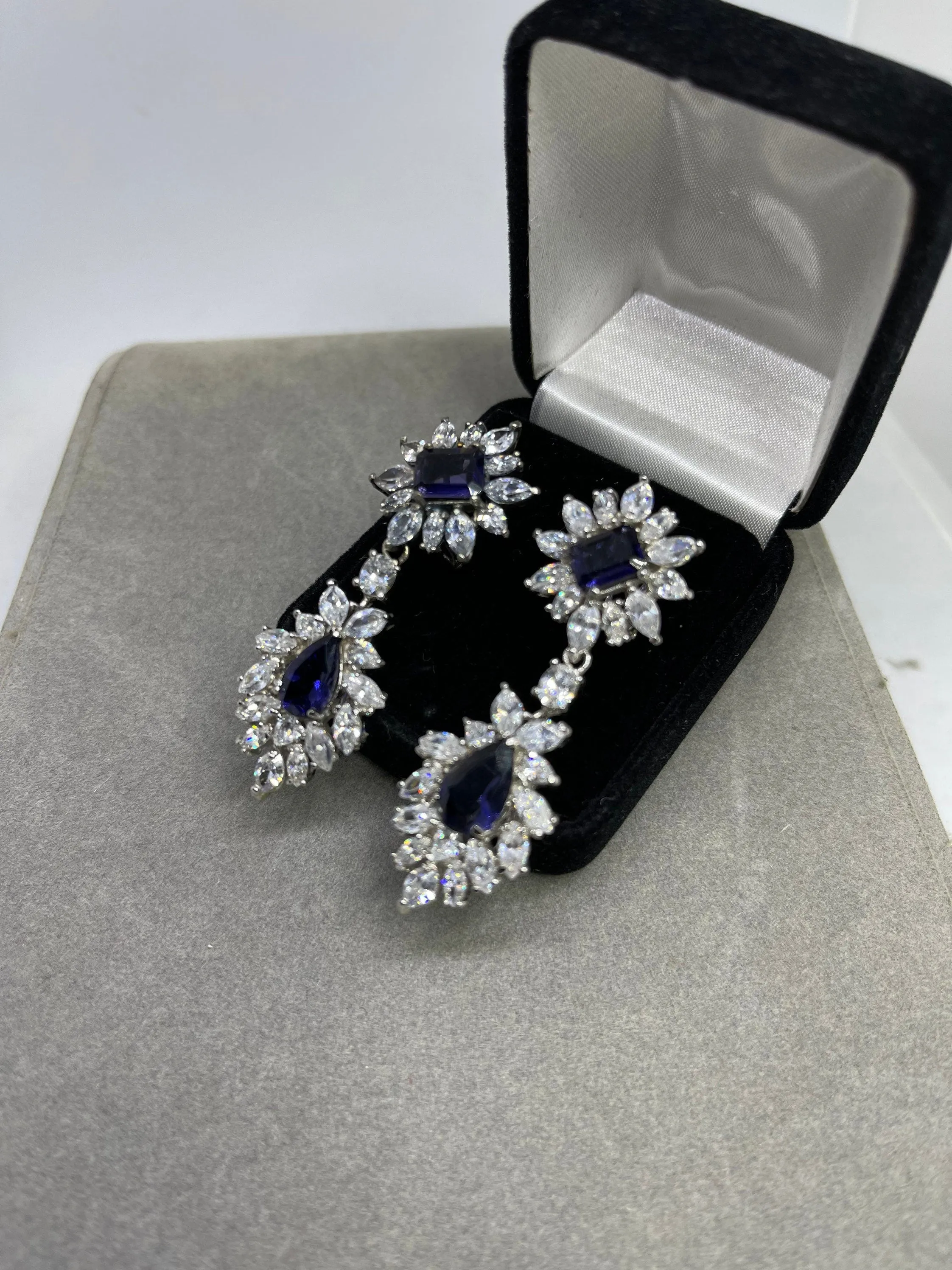Lab Grown Sapphire & CZ Sterling Silver Dangle Earrings