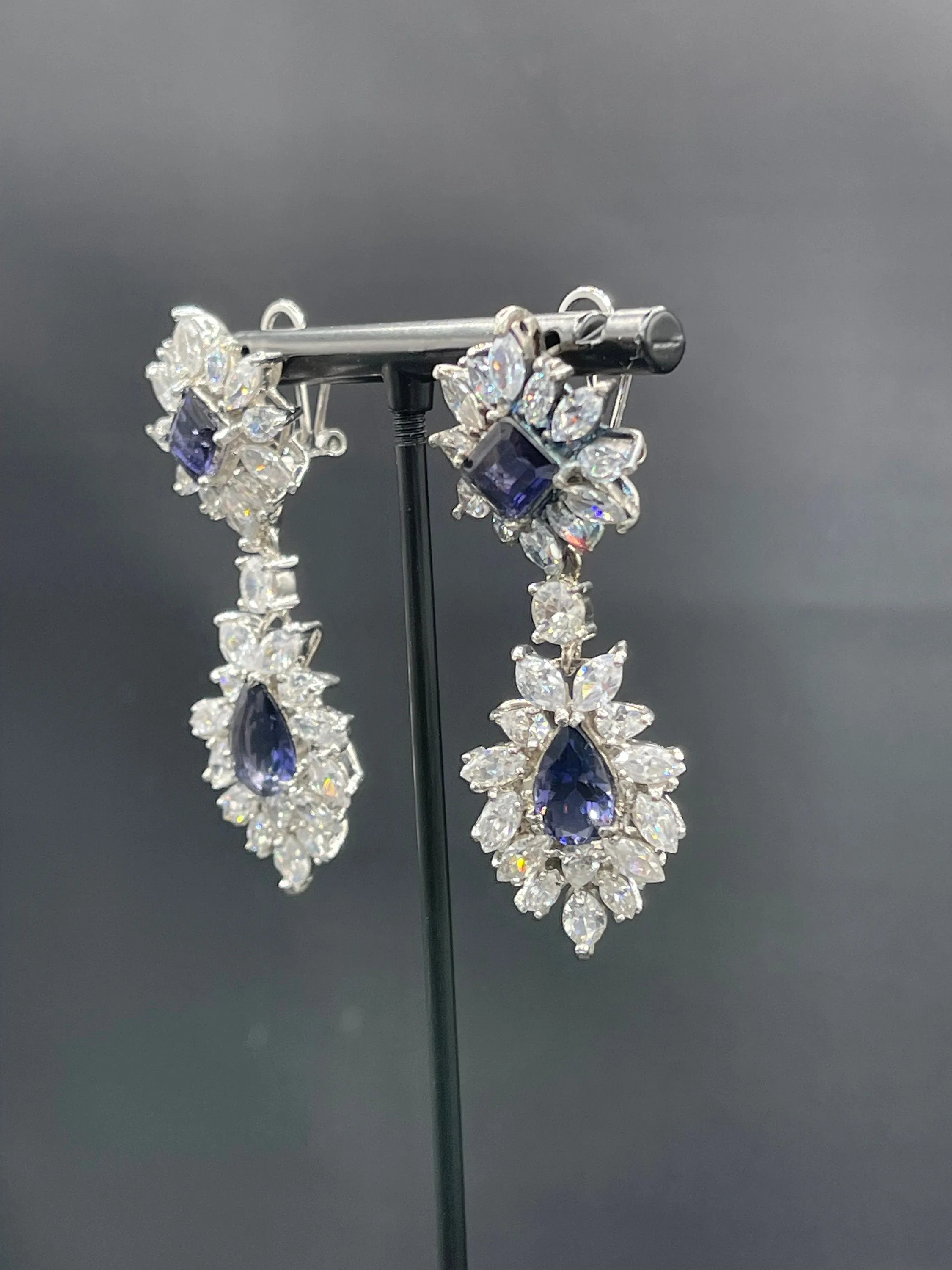 Lab Grown Sapphire & CZ Sterling Silver Dangle Earrings