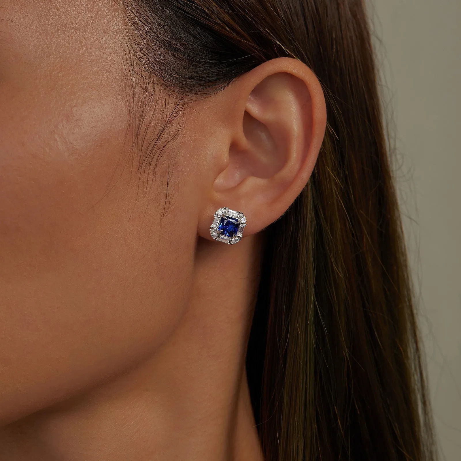 Lafonn Lab-Grown Princess Cut Sapphire Halo Stud Earrings