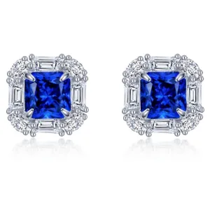 Lafonn Lab-Grown Princess Cut Sapphire Halo Stud Earrings