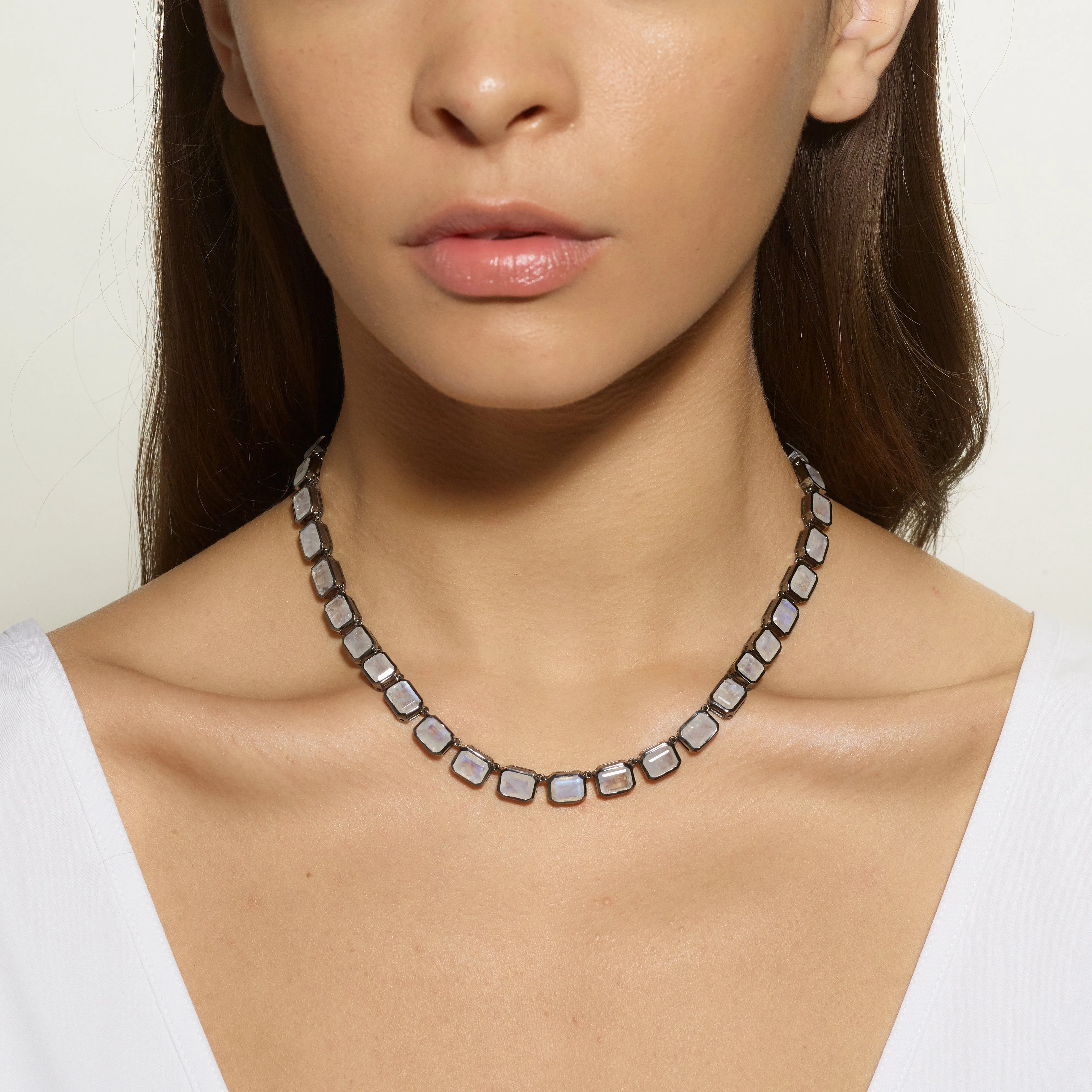 Large Deco-Tile Rivière Necklace - Rainbow Moonstone