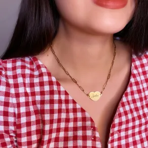 Lazer Engraved Heart Necklace with Paperlink Chain - LINE ART