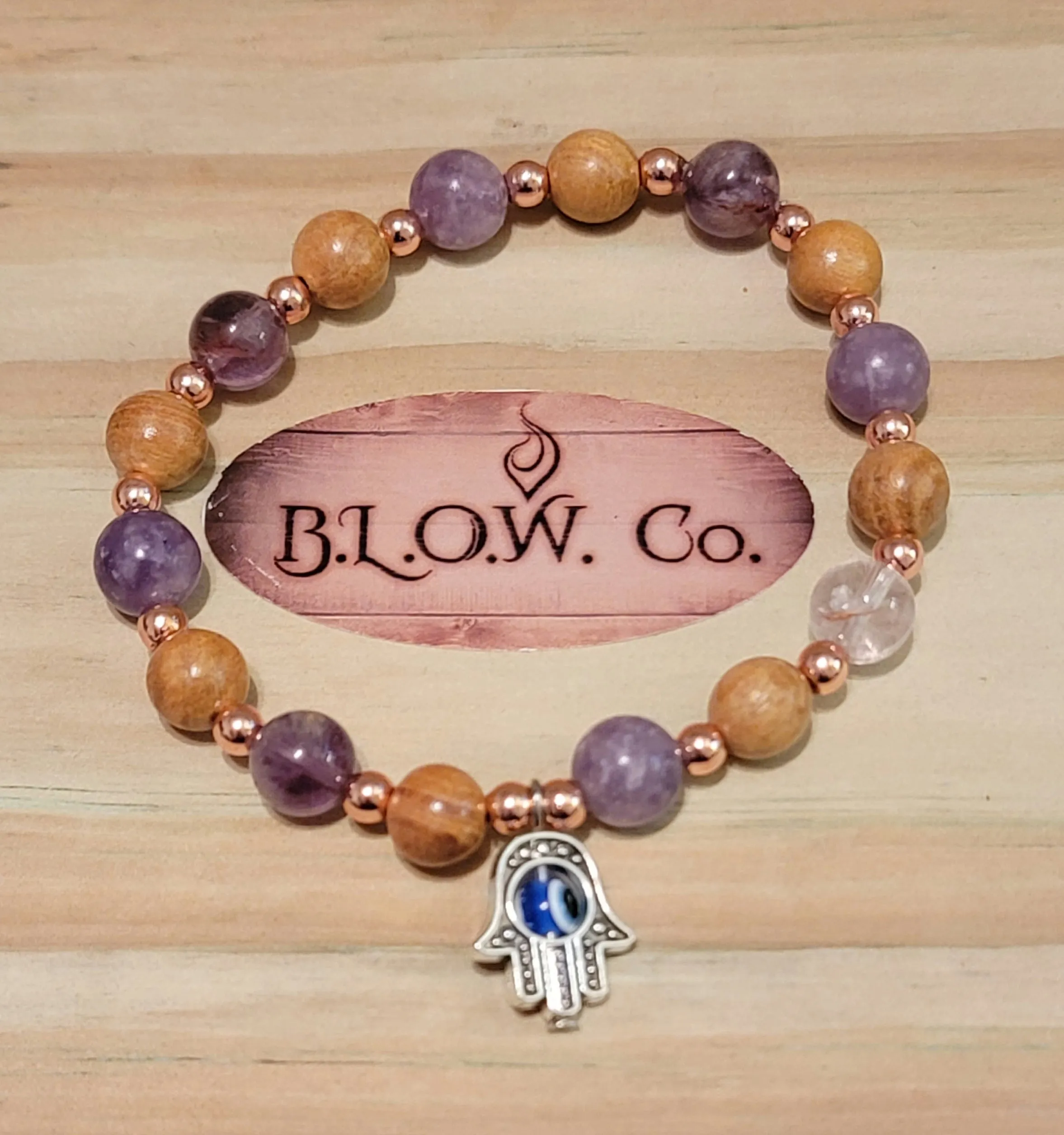 Lepidolite, Super 7, Wood Beads and Hematite w/ Hamsa Hand for Positivity from Others
