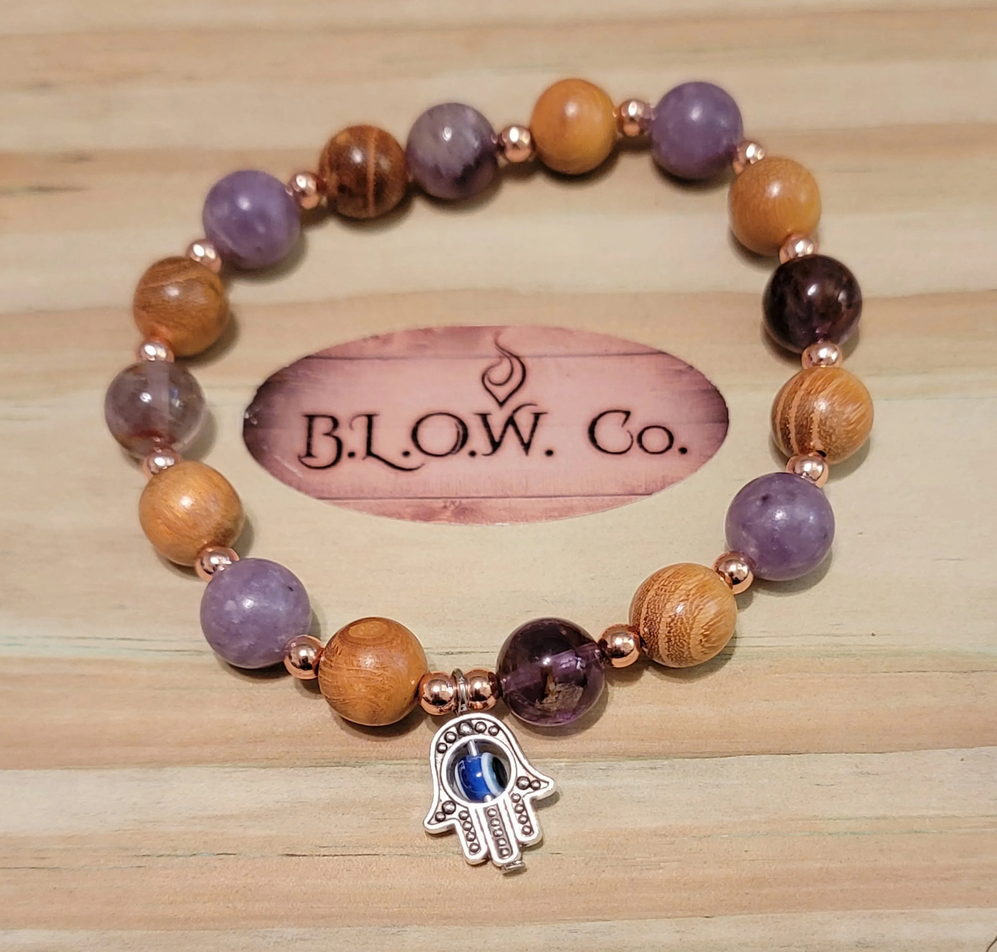 Lepidolite, Super 7, Wood Beads and Hematite w/ Hamsa Hand for Positivity from Others