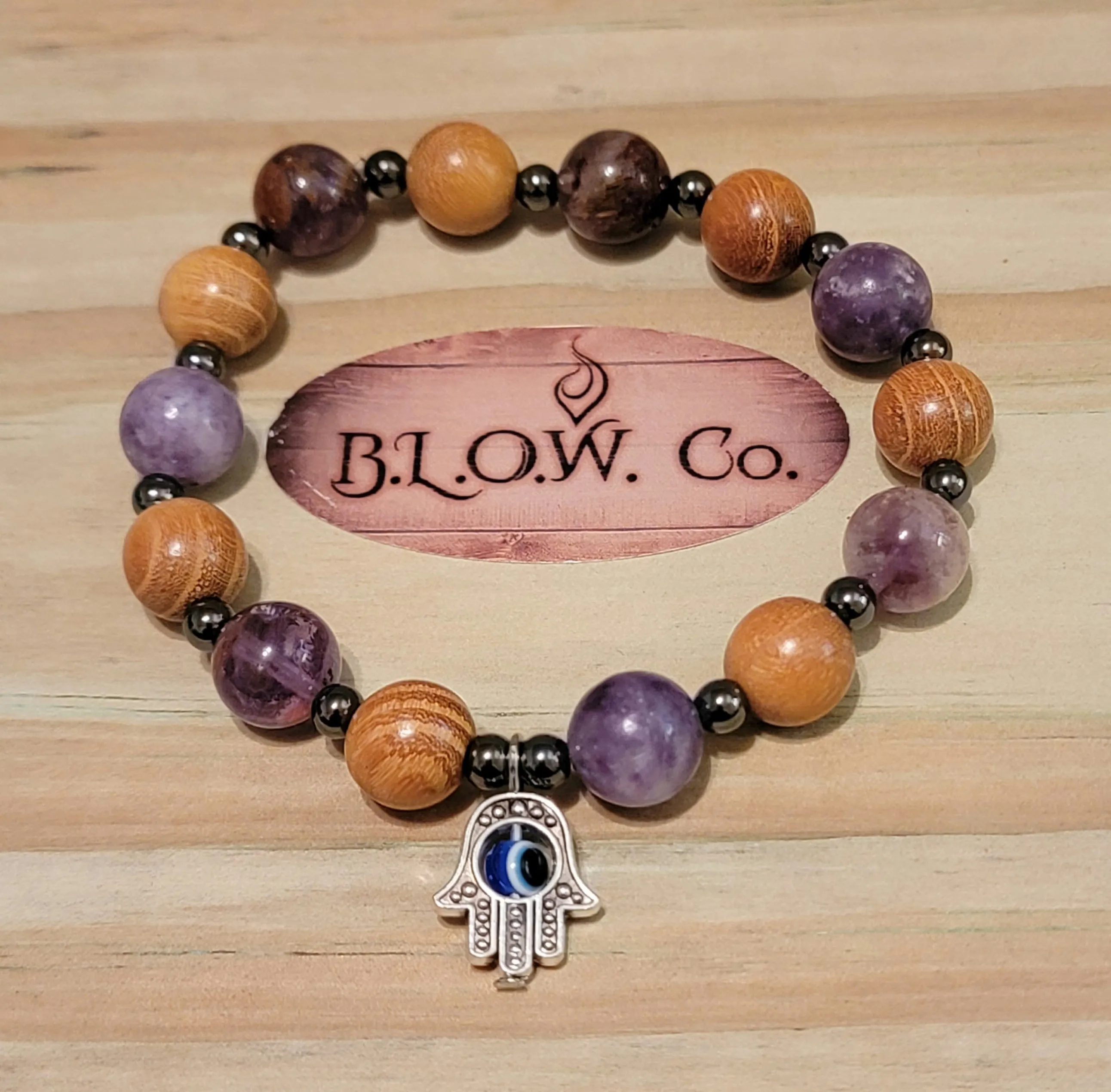 Lepidolite, Super 7, Wood Beads and Hematite w/ Hamsa Hand for Positivity from Others