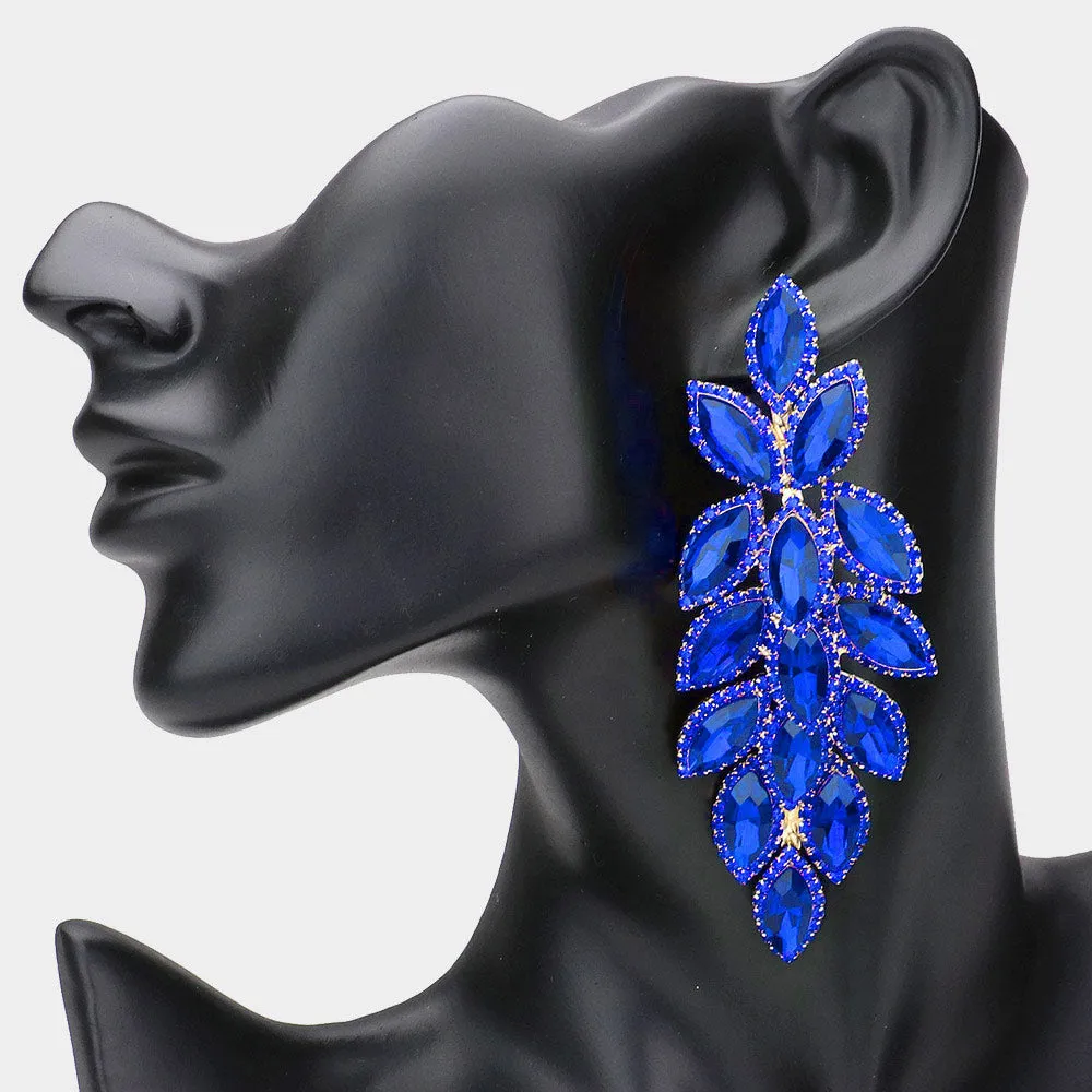 Long Sapphire Crystal Marquise Leaf Stone Pageant Earrings  | Prom Earrings |  548482