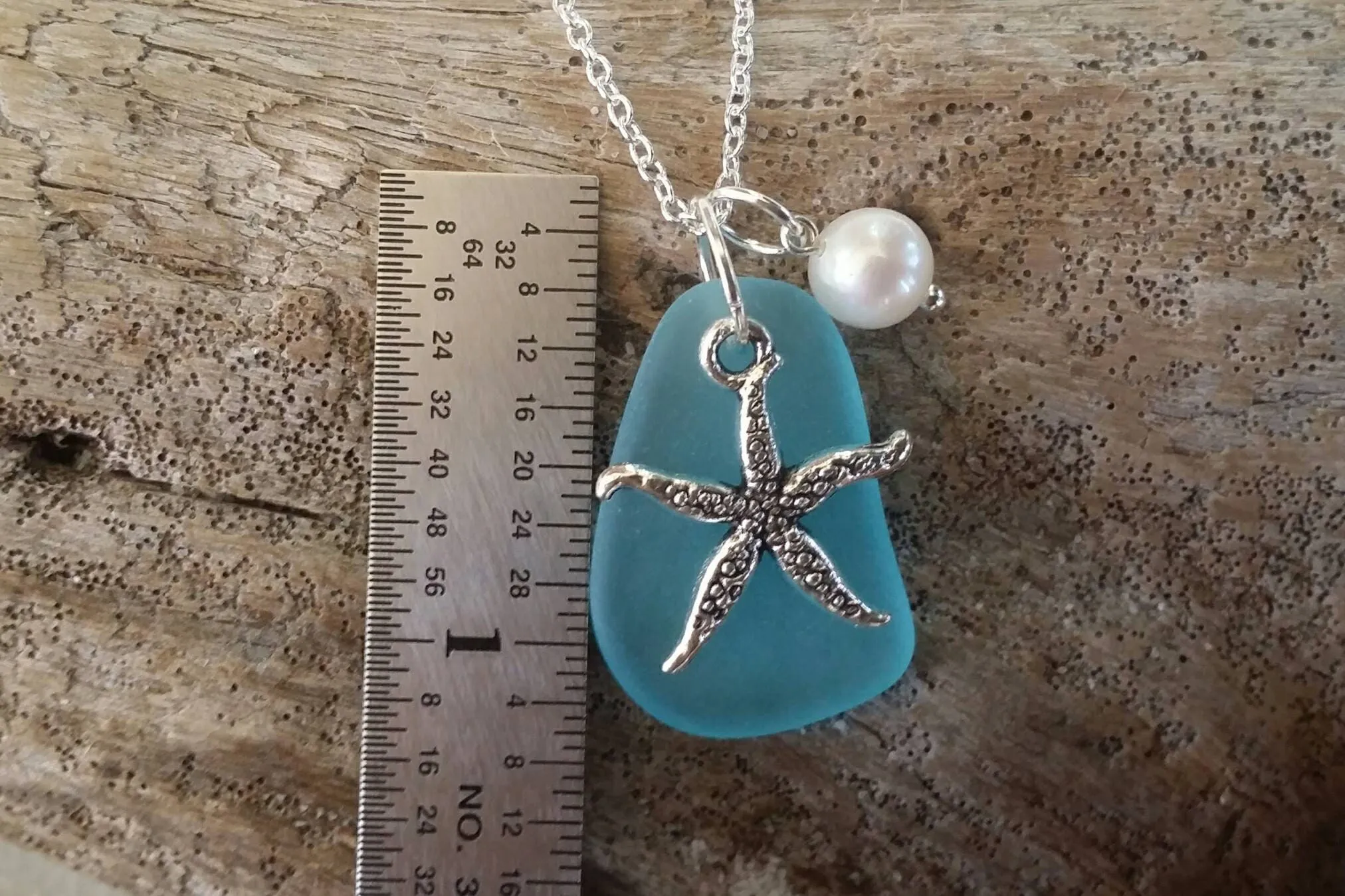 Made in Hawaii, Blue sea glass necklace, Starfish  charm, Fresh water pearl,   gift box, Hawaii beach jewelry gift