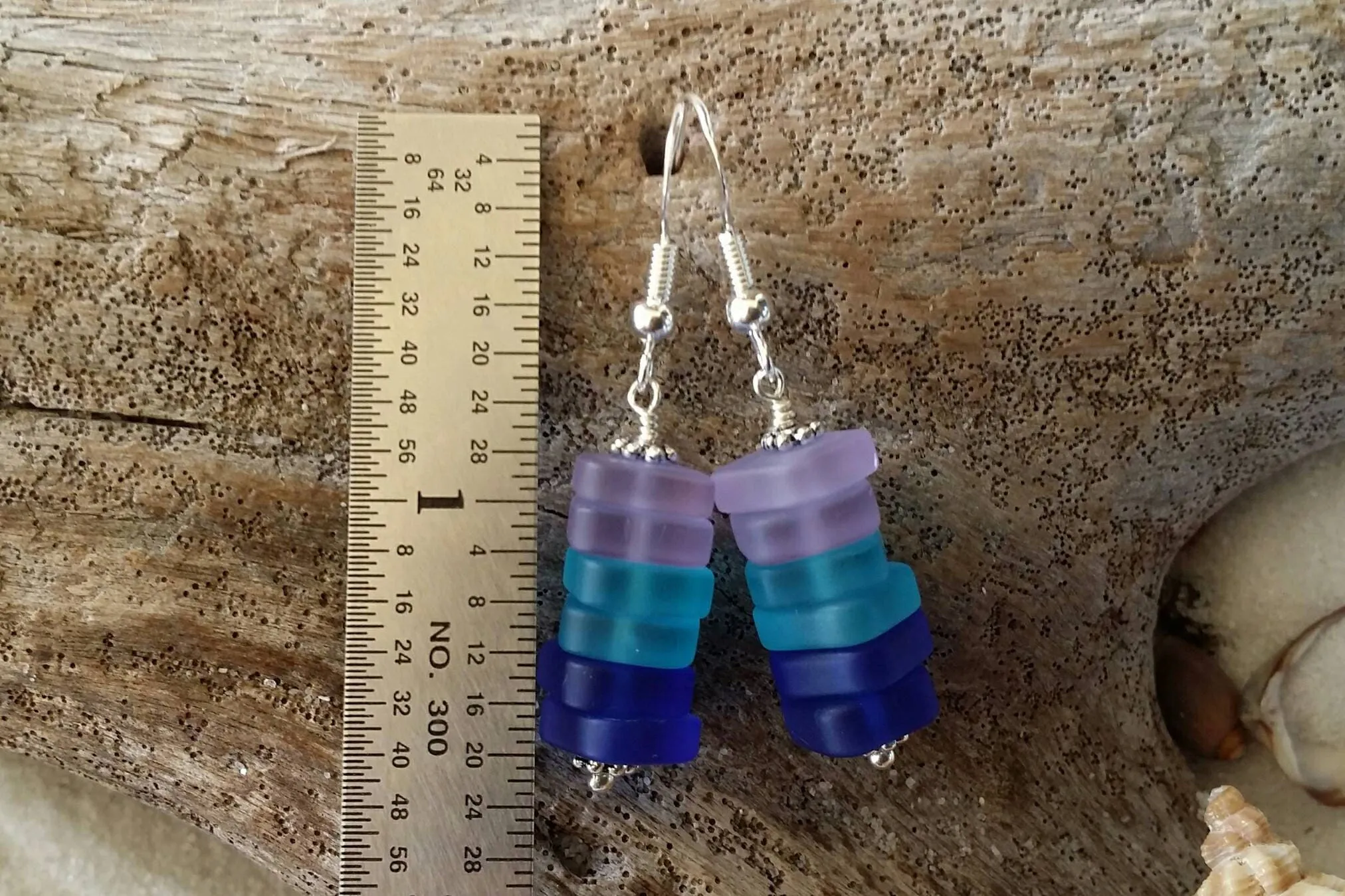 Made in Hawaii, Purple blue cobalt triple sea glass earrings,    gift box.beach jewelry