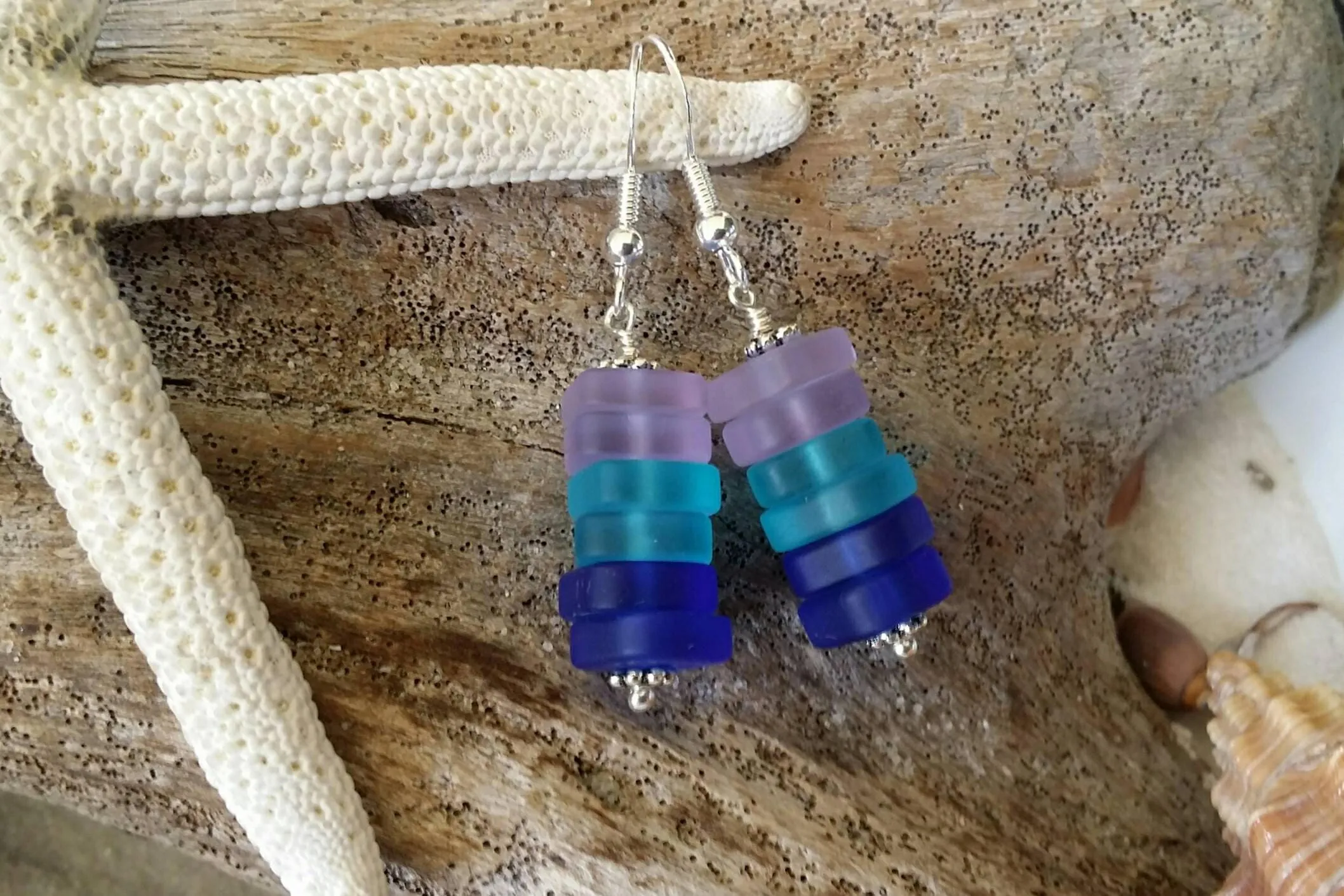 Made in Hawaii, Purple blue cobalt triple sea glass earrings,    gift box.beach jewelry