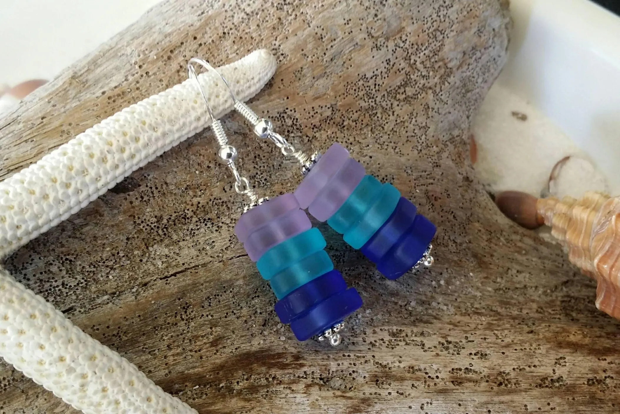 Made in Hawaii, Purple blue cobalt triple sea glass earrings,    gift box.beach jewelry