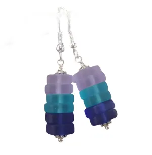 Made in Hawaii, Purple blue cobalt triple sea glass earrings,    gift box.beach jewelry