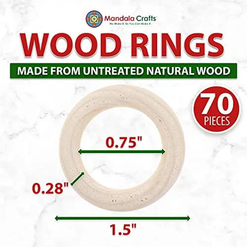 Mandala Crafts 70 40mm 1.5 Inch DIY Natural Wood Rings for Crafts - Macrame Wooden Rings - Unfinished Wood Rings for Macrame Rings Knitting Jewelry
