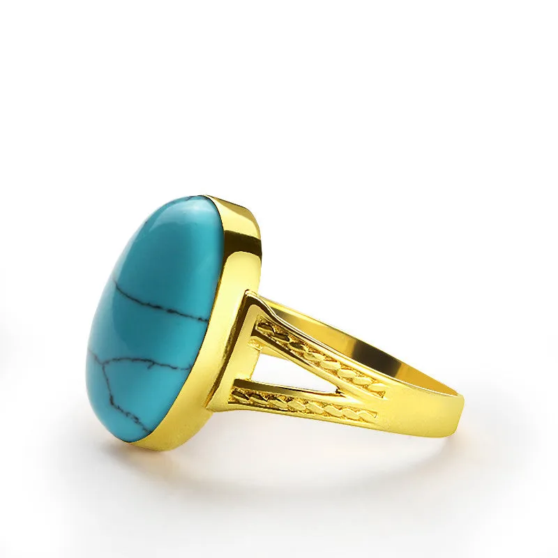 Men's 14k Yellow Gold Wedding Ring with Blue Turquoise Natural Stone