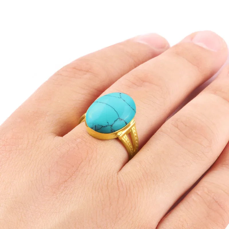 Men's 14k Yellow Gold Wedding Ring with Blue Turquoise Natural Stone