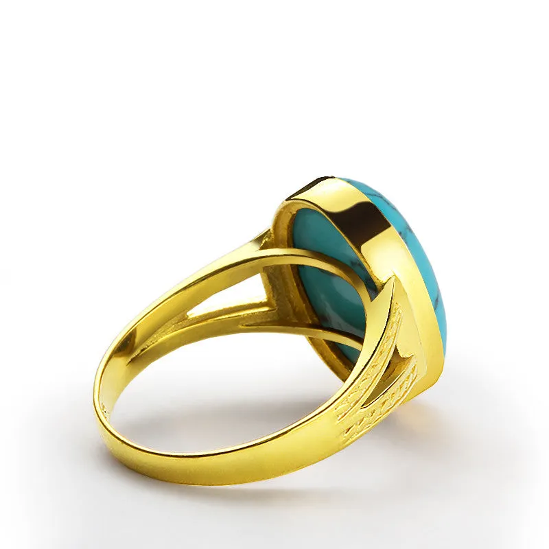 Men's 14k Yellow Gold Wedding Ring with Blue Turquoise Natural Stone