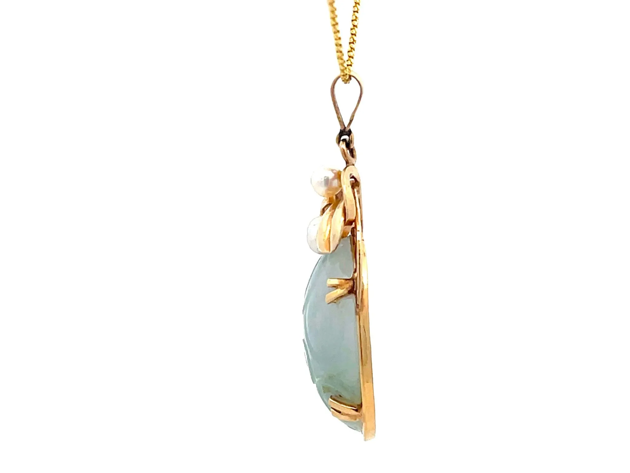 Mings Hawaii Carved Nephrite Jade & Pearl Pendant in 14k Yellow Gold with Chain
