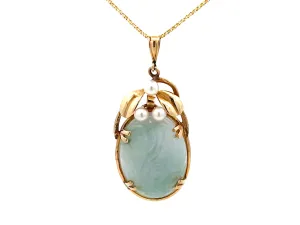 Mings Hawaii Carved Nephrite Jade & Pearl Pendant in 14k Yellow Gold with Chain