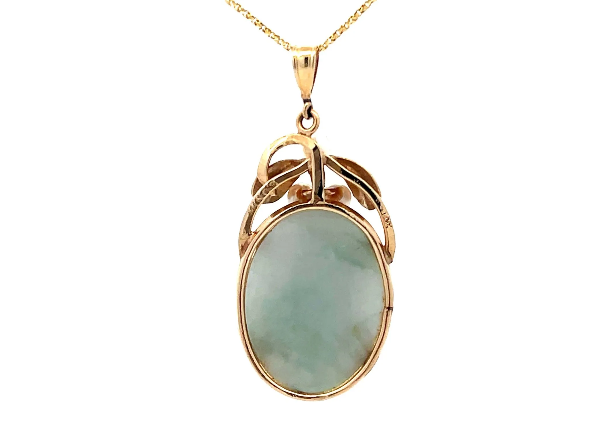 Mings Hawaii Carved Nephrite Jade & Pearl Pendant in 14k Yellow Gold with Chain
