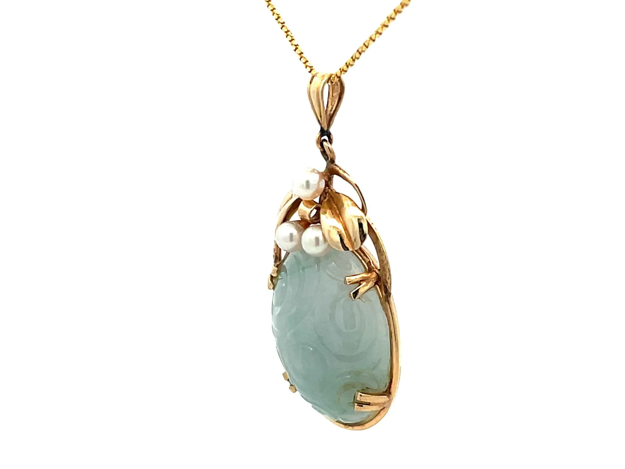 Mings Hawaii Carved Nephrite Jade & Pearl Pendant in 14k Yellow Gold with Chain